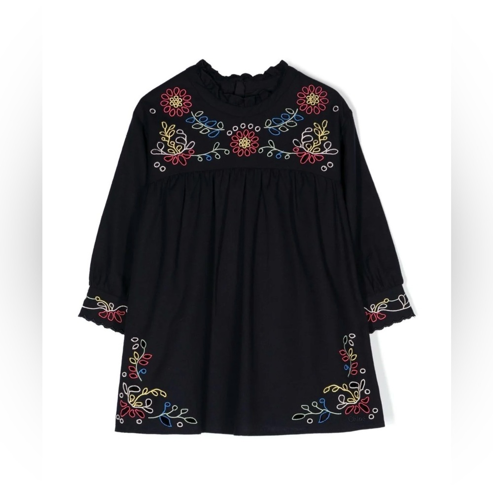 NWT Chloé Kids' Embroidered Long Sleeve Cotton Twill Dress Size 10Y